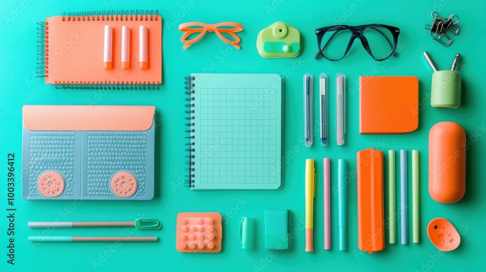 Show a flat lay of back-to-school stationery items such as planners, highlighters, and notebooks, arranged in an aesthetically pleasing manner. Show a flat lay of back-to-school stationery items such as planners, highlighters, and notebooks, arranged in an aesthetically pleasing manner.
