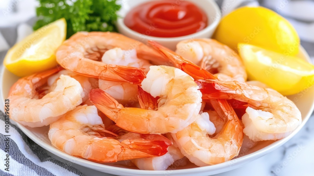 Fresh Shrimp Cocktail Platter with Lemon and Sauce Fresh Shrimp Cocktail Platter with Lemon and Sauce