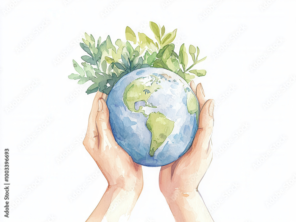 Hands holding a globe surrounded by green leaves, eco-friendly concept. Hands holding a globe surrounded by green leaves, eco-friendly concept.