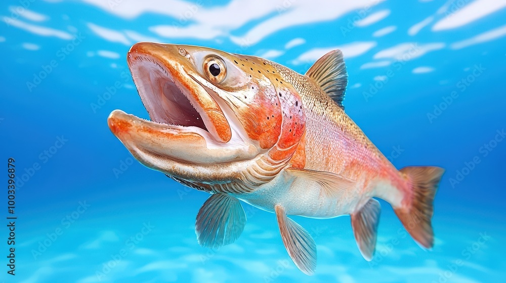 Naklejka premium Underwater Rainbow Trout Fish with Open Mouth Close Up
