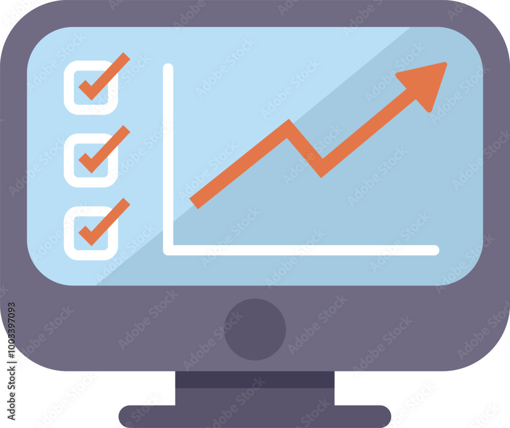 Desktop computer displaying a successful growing chart on screen, with check marks symbolizing completed tasks Desktop computer displaying a successful growing chart on screen, with check marks symbolizing completed tasks