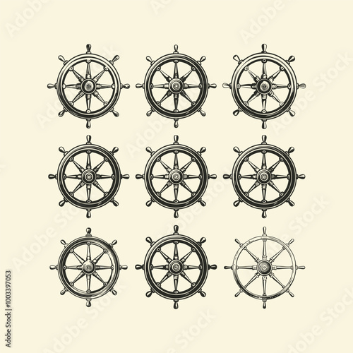Set of ship wheel vintage design artwork