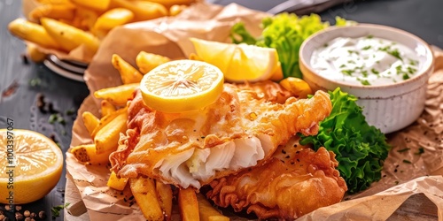 Crispy Deep-Fried Cod with French Fries, Served with a Slice of Lemon and Tartare Sauce photo