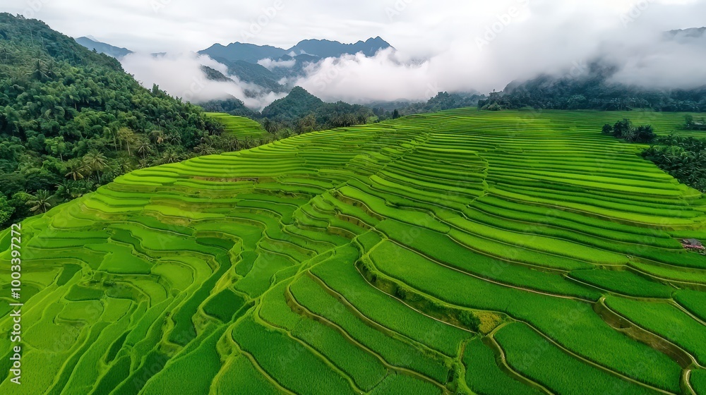 Fototapeta premium Aerial View of Lush Green Rice Terraces with Misty Mountains in the Background