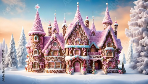 Enchanting gingerbread house nestled in snowy landscape, embodying Christmas spirit and a winter fairy tale magic