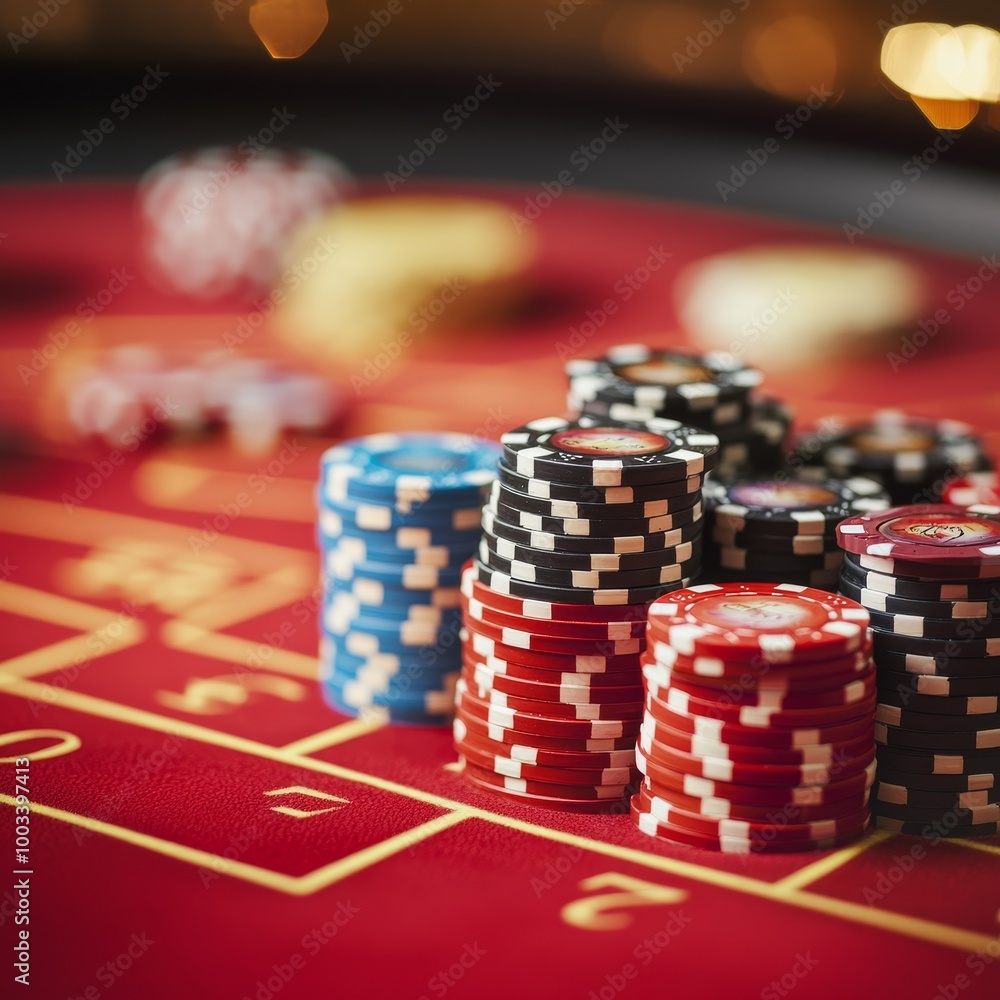 Casino theme image with black and red chips on a casino table Casino theme image with black and red chips on a casino table