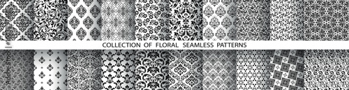 Geometric floral set of seamless patterns. White and black vector backgrounds. Damask graphic ornaments.