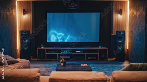 Show a high-tech home theater setup with a large screen, surround sound, and smart controls, providing an immersive entertainment 