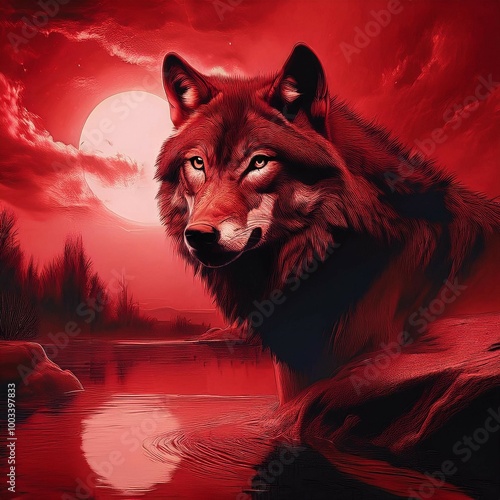 Watching with a malevolent gaze, the wolf is crouched on the bank of the river watching his prey. the image is seen in a reddish haze