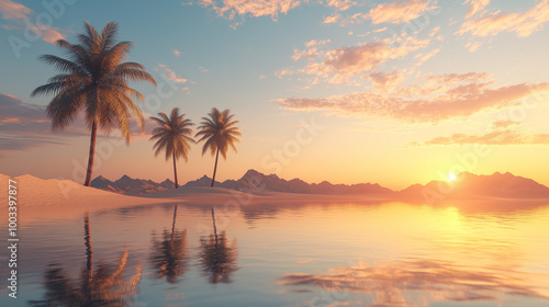 desert oasis with a pond and palm trees