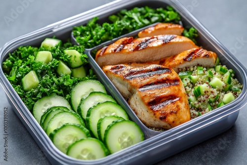 A clean eating lunchbox with grilled chicken, quinoa, and a cucumber salad, neatly arranged for a balanced meal on the go