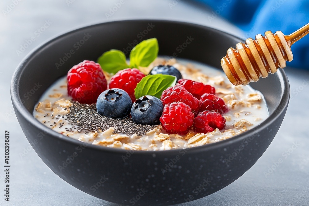 A fresh clean eating breakfast bowl with oats, berries, and almond milk, garnished with chia seeds and drizzled with honey A fresh clean eating breakfast bowl with oats, berries, and almond milk, garnished with chia seeds and drizzled with honey
