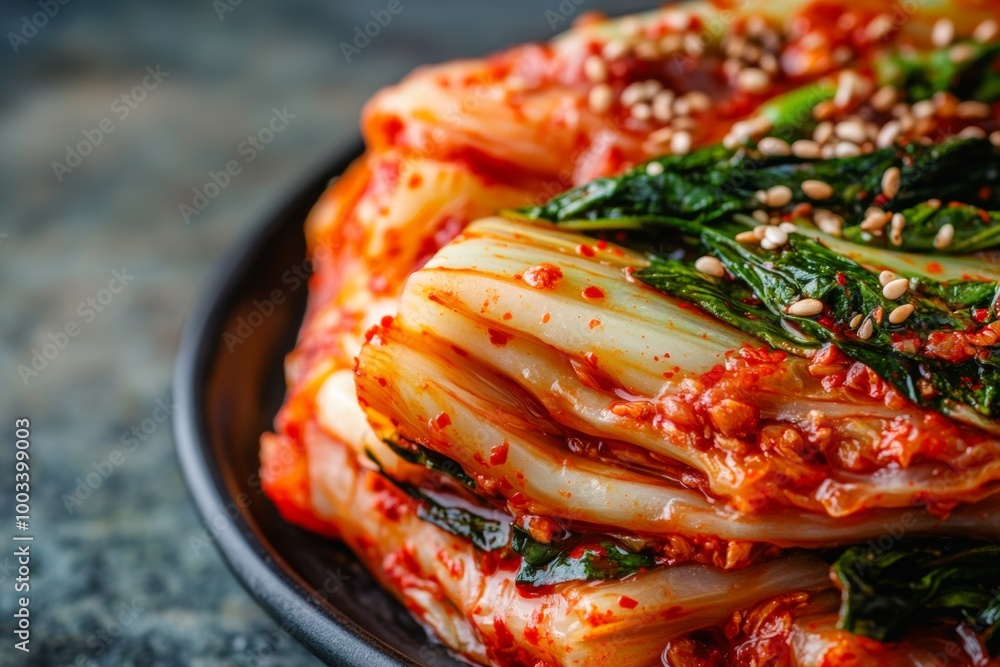 Freshly prepared kimchi served in a black dish, highlighting its vibrant colors and rich textures against a textured background Freshly prepared kimchi served in a black dish, highlighting its vibrant colors and rich textures against a textured background