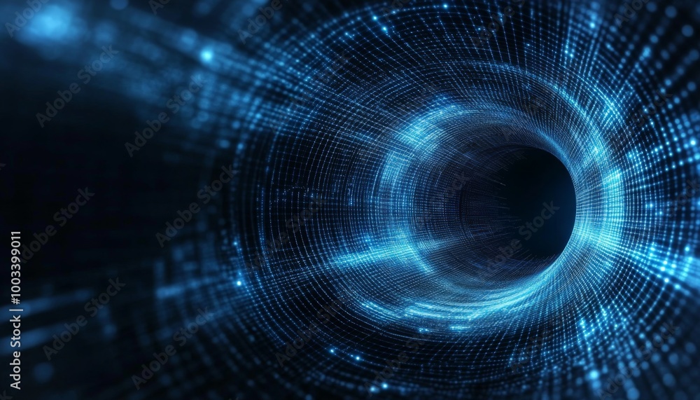 Fototapeta premium Abstract digital tunnel of glowing blue lines and dots.