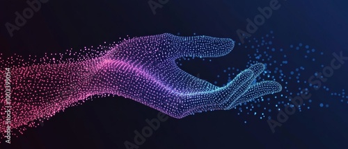 Abstract glowing hand reaching out on dark background.