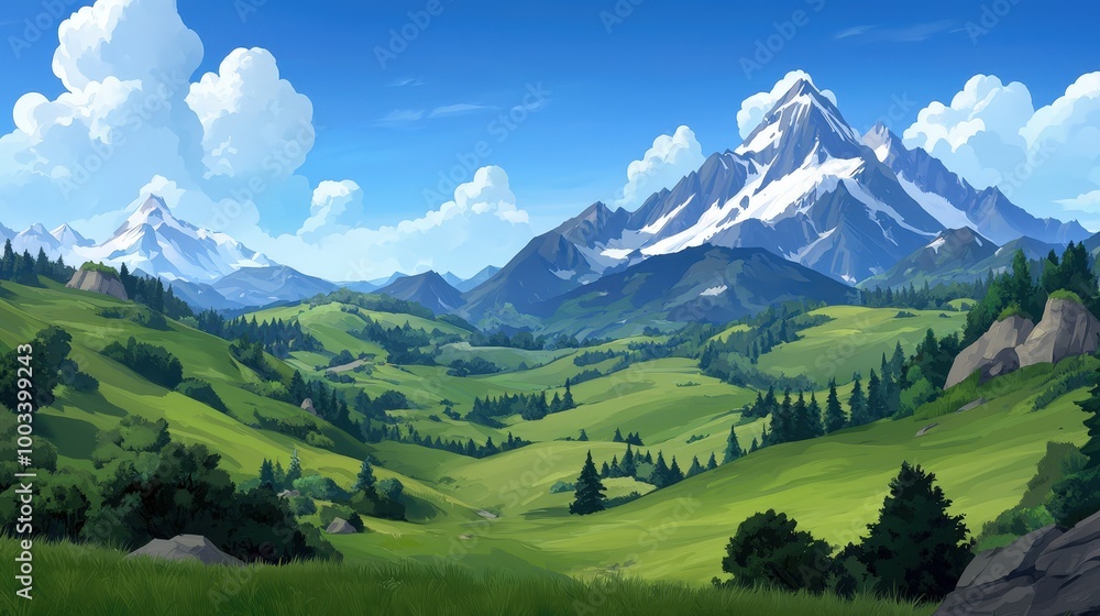 Fototapeta premium Stunning Mountain Landscape with Lush Green Valley and Snow capped Peaks