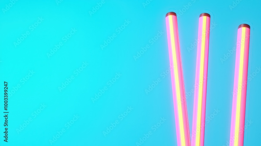 Three Neon Pink and Yellow Light Tubes on Blue Background Three Neon Pink and Yellow Light Tubes on Blue Background