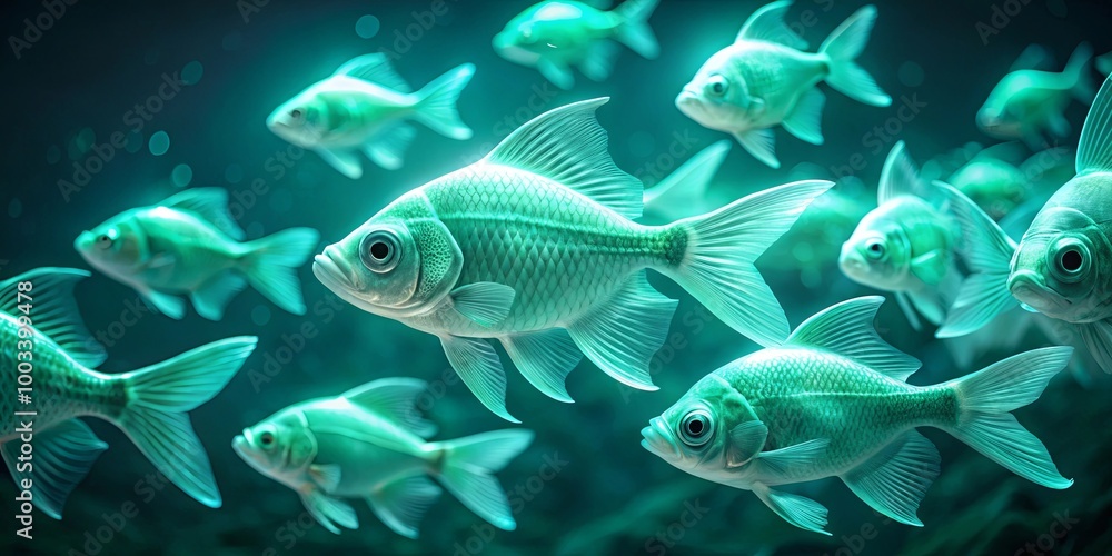 Naklejka premium A school of fish, glowing in an ethereal blue-green light, swim in the depths of an aquatic environment.