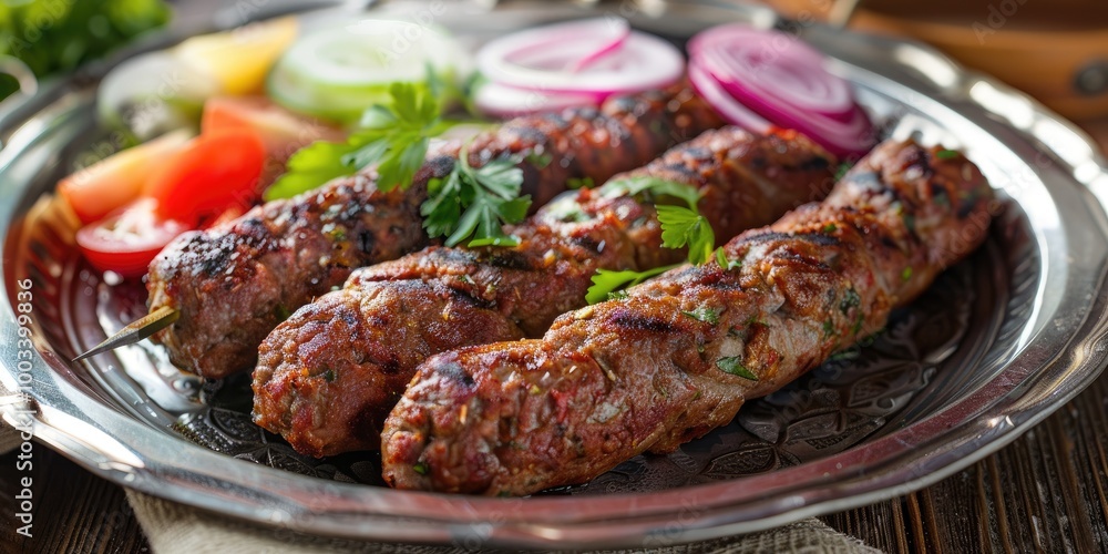 Savory Traditional Kebab and Meatballs Served on a Metal Plate Savory Traditional Kebab and Meatballs Served on a Metal Plate