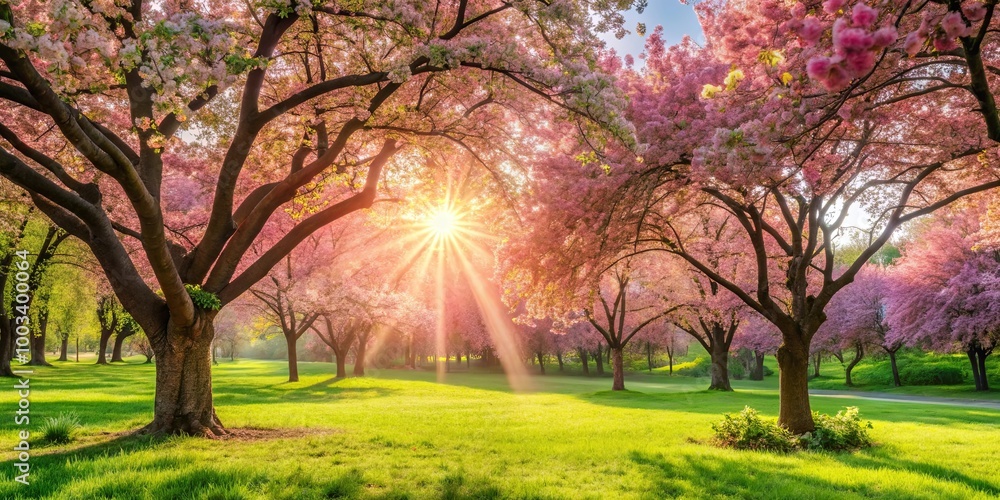 Naklejka premium A radiant sunrise shines through a grove of blossoming trees, casting golden rays across a grassy field.