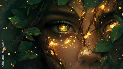 A forest nymph with bark-like skin and eyes like amber,. Woodland Spirit. Illustration photo