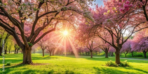 A radiant sunrise shines through a grove of blossoming trees, casting golden rays across a grassy field.