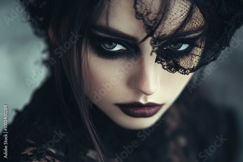 Mysterious woman with striking makeup and lace veil gazes intensely at the viewer in a shadowy setting