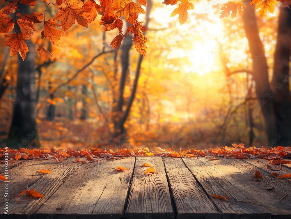 Autumn Table - Orange Leaves And Wooden Plank At Sunset In Forest - ai Autumn Table - Orange Leaves And Wooden Plank At Sunset In Forest - ai