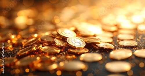 Golden coins sparkling in soft light photo