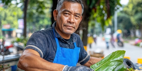 Fototapeta Naklejka Na Ścianę i Meble -  Street Food Vendor in Asia Holding Banana Leaf