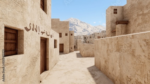 Arabian Village Street with Mountain View Traditional Architecture Middle East Desert