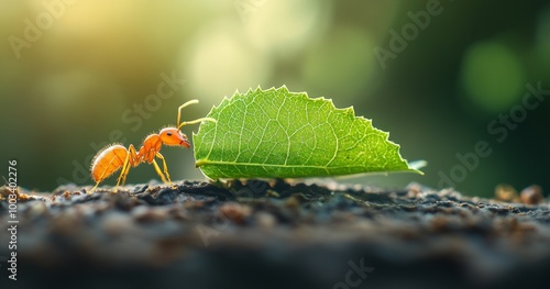 Ant carrying leaf on forest floor photo