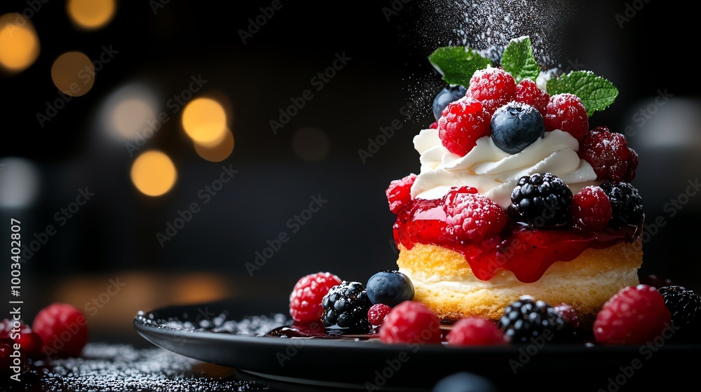 Japanese cheesecake topped with whipped cream and fresh berries, creating a colorful contrast with the soft, golden cake, Japanese cheesecake, fruity dessert concept Japanese cheesecake topped with whipped cream and fresh berries, creating a colorful contrast with the soft, golden cake, Japanese cheesecake, fruity dessert concept