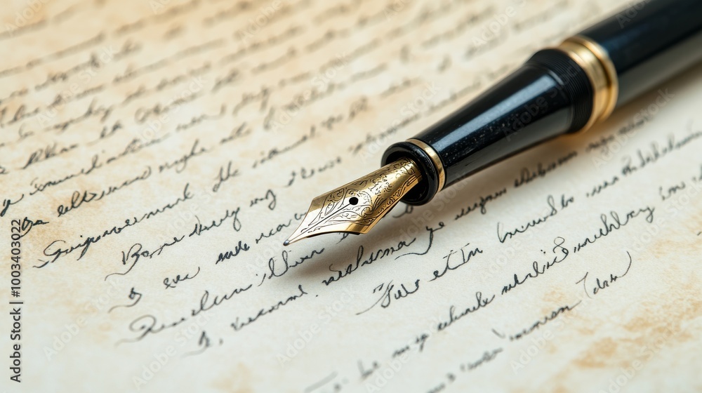 A close-up of a fountain pen resting on handwritten notes, showcasing elegant calligraphy against a textured background. A close-up of a fountain pen resting on handwritten notes, showcasing elegant calligraphy against a textured background.