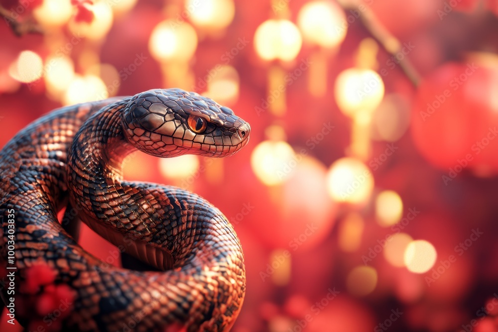 A colorful snake wrapped around a branch amidst glowing lantern decorations in a festive setting A colorful snake wrapped around a branch amidst glowing lantern decorations in a festive setting