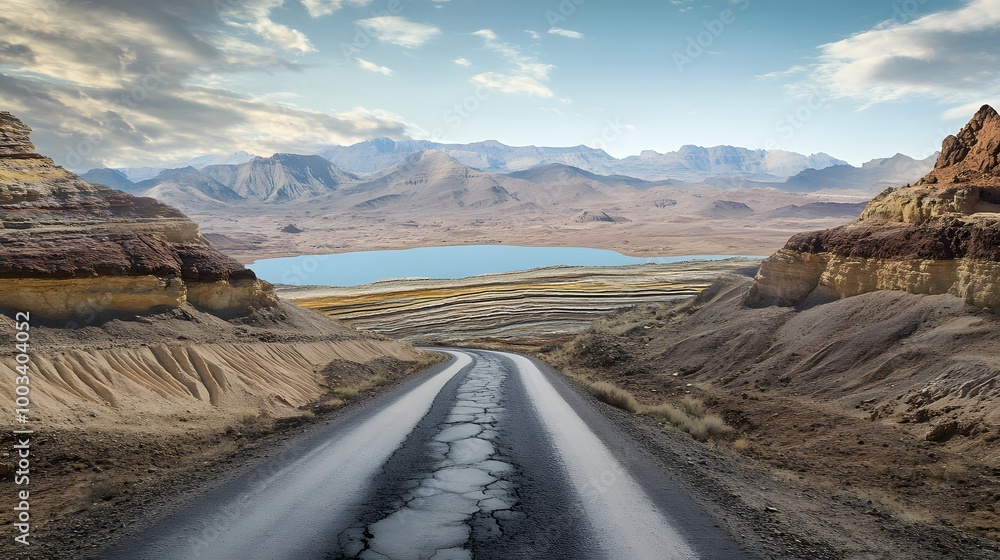 Sports and travel background. 3d illustration with cut of the ground and the desert road and the lake. Sports and travel background. 3d illustration with cut of the ground and the desert road and the lake.