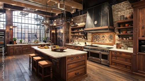 Wallpaper Mural A spacious kitchen with exposed brick walls, wooden cabinets, and a large island with a white countertop. Torontodigital.ca