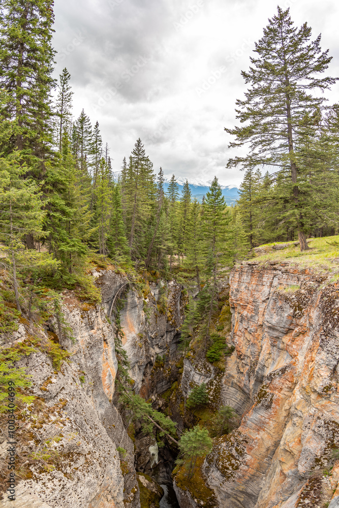 Incredible Maligne Canyon in Jasper National Park during spring time with unreal scenic Canadian views in the Rockies of Canada. Scenic nature view in popular tourism, tourist spot. Incredible Maligne Canyon in Jasper National Park during spring time with unreal scenic Canadian views in the Rockies of Canada. Scenic nature view in popular tourism, tourist spot.