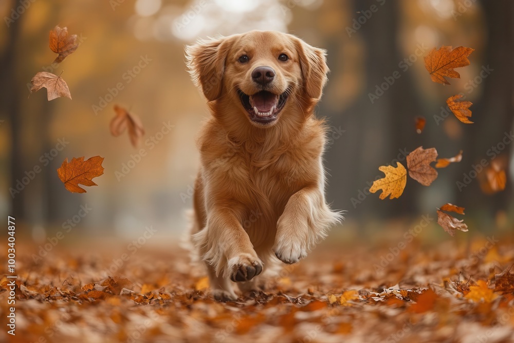 happy golden retriever playing in a picturesque autumn setting surrounded by colorful leaves the joyful expression of the dog captures the essence of outdoor activities and seasonal fun happy golden retriever playing in a picturesque autumn setting surrounded by colorful leaves the joyful expression of the dog captures the essence of outdoor activities and seasonal fun