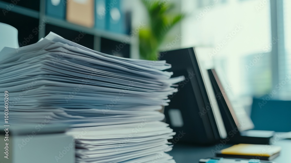 A cluttered office desk with a large stack of papers and organized folders in the background, highlighting a busy work environment. A cluttered office desk with a large stack of papers and organized folders in the background, highlighting a busy work environment.
