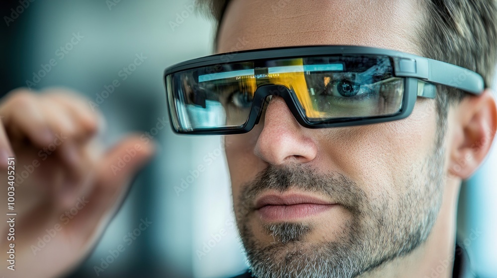 Smart Glasses Experience Capture someone using smart glasses for augmented reality applications, such as navigation or information display. Smart Glasses Experience Capture someone using smart glasses for augmented reality applications, such as navigation or information display.