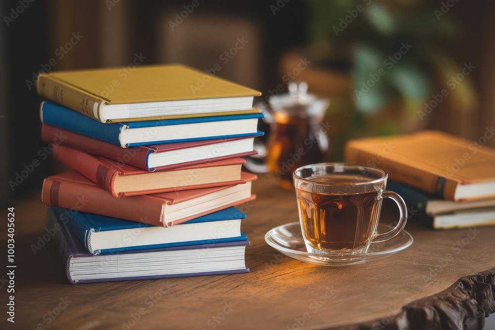 Naklejka premium Tea and Books on Wooden Table.