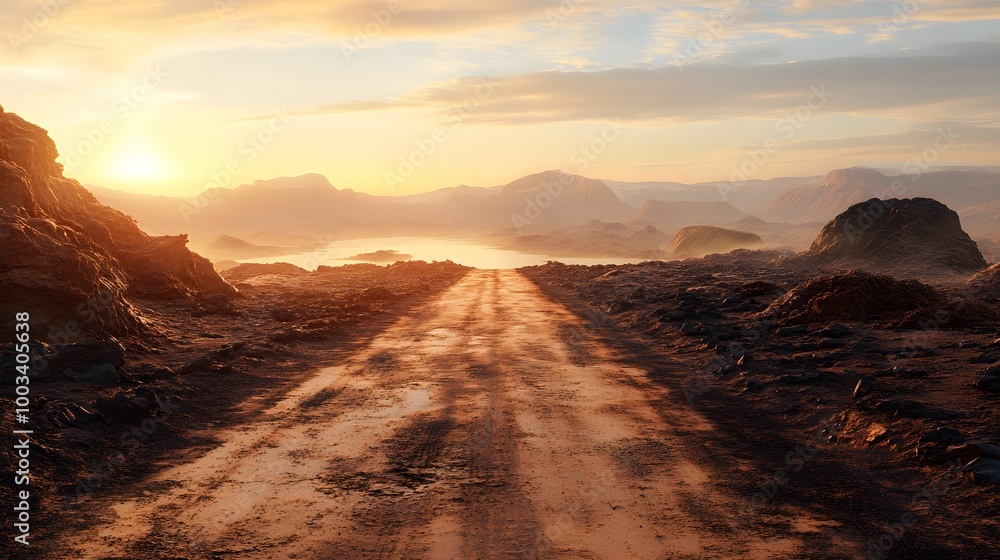 Fototapeta premium Sports and travel background. 3d illustration with cut of the ground and the desert road and the lake. 