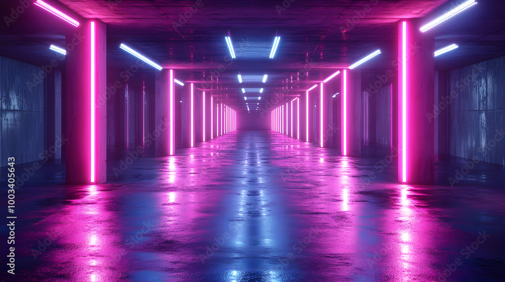 Neon Lights In A Concrete Corridor 3D Illustration Neon Lights In A Concrete Corridor 3D Illustration