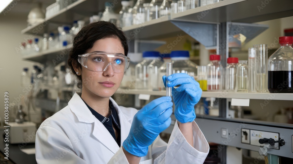 Female scientist examining a test tube in a laboratory. Female scientist examining a test tube in a laboratory.