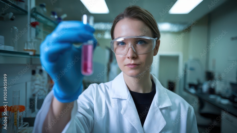 Female Scientist in a Lab Holding a Test Tube. Female Scientist in a Lab Holding a Test Tube.