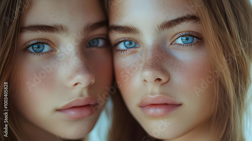 Close Up Portrait of Two Young Women with Blue Eyes and Freckles - Realistic Image