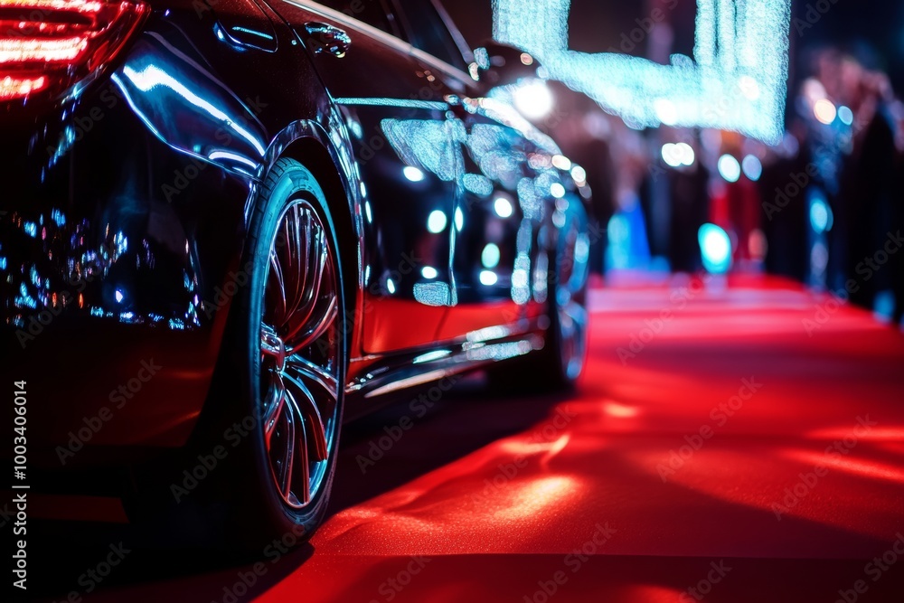 Luxury car parked on a red carpet illuminated by festive lights at an evening event with a glamorous atmosphere Luxury car parked on a red carpet illuminated by festive lights at an evening event with a glamorous atmosphere