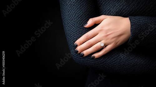 Woman s Hand with Diamond Engagement Ring on Black Background photo