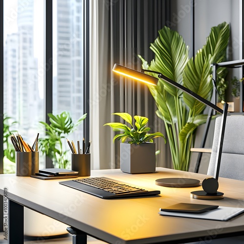 Modern Home Office Desk with City View.